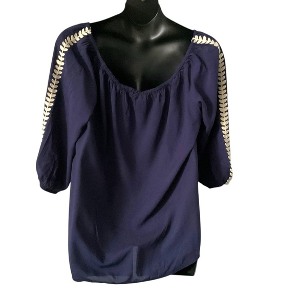 Solitaire Navy Blue Ivory Blouse Top SZ 1X‎ Women Embroidery Off Shoulder Boho - Picture 3 of 5